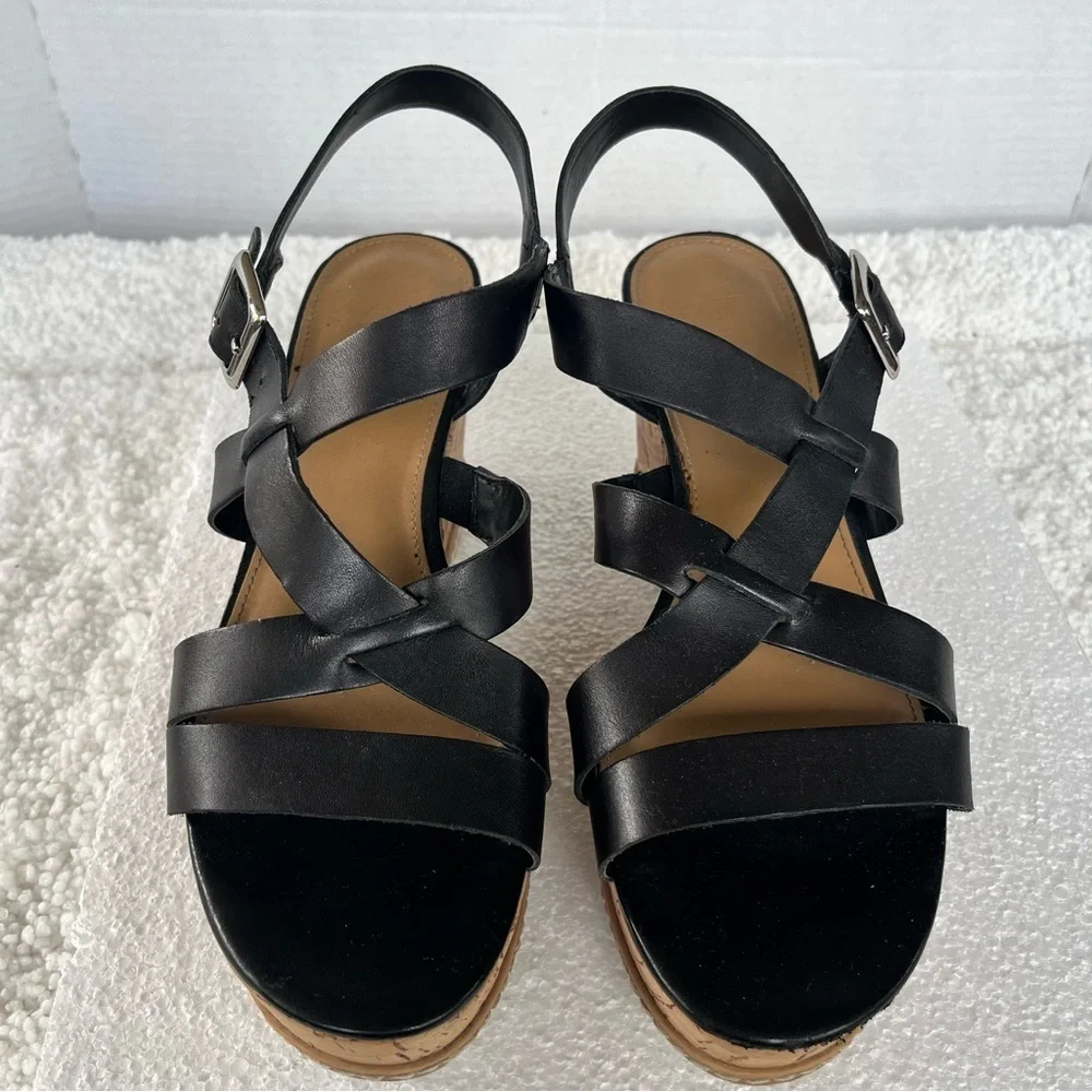 Franco Sarto Women's Leather Black and Tan Cork Strappy Wedge Sandals Size 9M